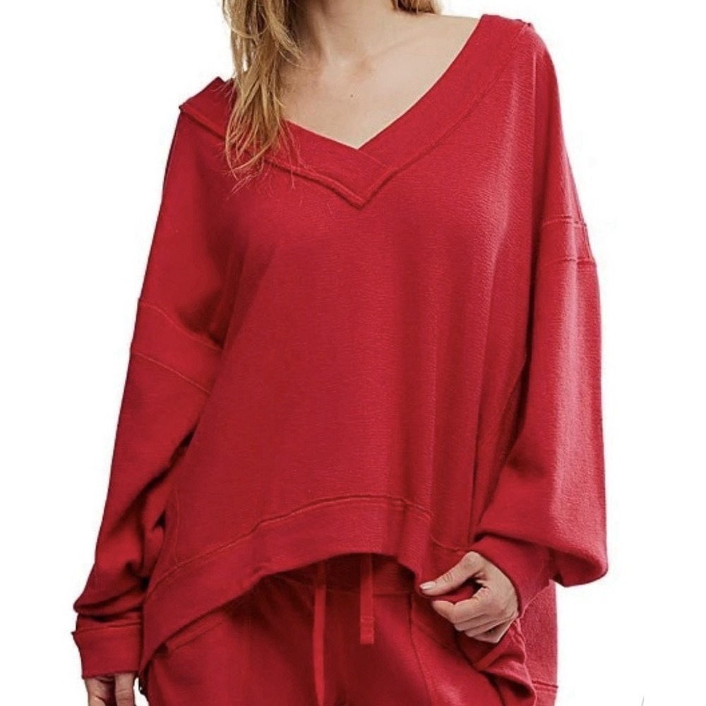 FREE PEOPLE STAYCATION LONG SLEEVE PULLOVER - DEEP CHERRY